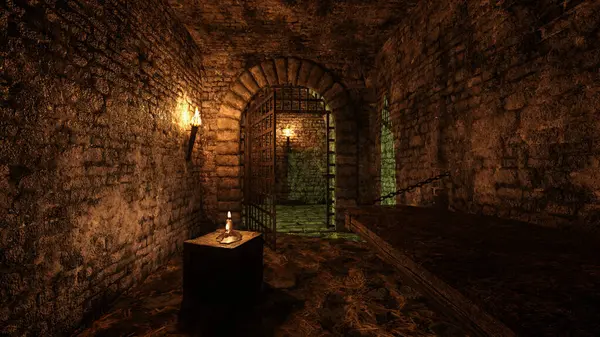 Dark gloomy empty prison cell in an old medieval dungeon with flaming torch on the wall and candle on a wooden crate. 3D illustration.