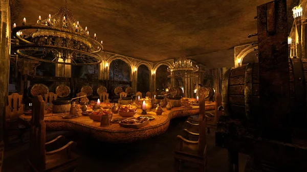 Medieval fantasy dining room in a mountain cave dwarf home with food and drink on the table surrounded by wooden barrels of wine and ale. 3D render.