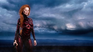 Ölümcül bir sayborg suikastçı kadın elinde silahla çorak bir arazide elinde fırtınalı bir gökyüzüyle dikiliyor. Fantezi siber punk konsepti 3 boyutlu canlandırma.