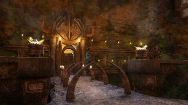 Cücelerin büyük fantezi mağarası. Adımlar, geniş boynuzlardan oluşan bir tünelle asfalt bir yola doğru iniyor. 3B illüstrasyon.