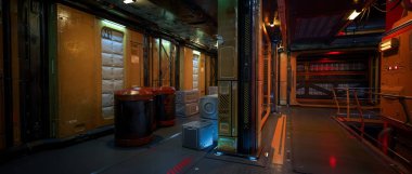 Gelecekteki bir sanal punk uzay istasyonunda depolama odası. Geniş sinematik 3D canlandırma.