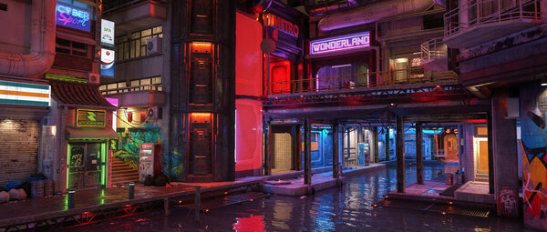 Wide panoramic 3D render of an urban area in a futuristic cyberpunk city with river flowing under the buildings.