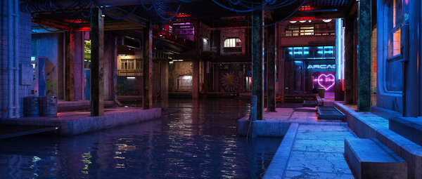 River flowing under a fantasy future cyberpunk city centre at night. Wide cinematic 3D render.