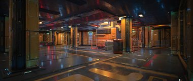 Fantezi fütüristik uzay gemisindeki bir güvertenin geniş panoramik 3D görüntüsü.