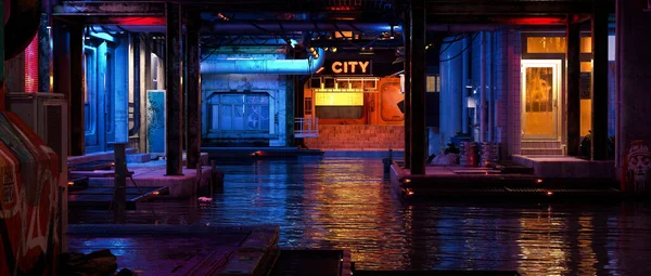 Dark seedy downtown urban area in a futuristic cyberpunk city with underground river. 3D render.