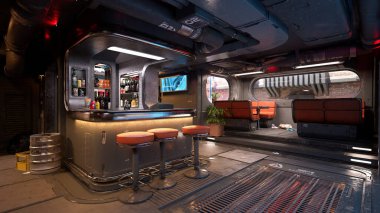 Akşamları geleceğin hayali siber punk bar içleri. 3 Boyutlu Hazırlama.