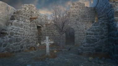 Ortaçağ manastırı ya da şatosunun eski bir kalıntısında bir taş haç taşı. 3 Boyutlu Hazırlama.