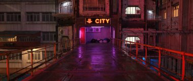 Wide panoramic 3D render of a bridge leading to a subway entrance in a dystopian future cyberpunk city. clipart