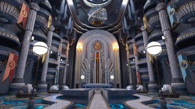 Sci-fi fantasy alien conference hall interior with ornate decoration and high balconies. 3D rendered illustration. clipart