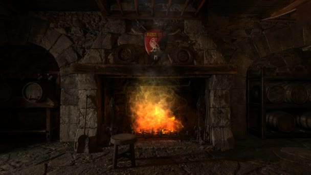 Animacja Kominka Starej Średniowiecznej Gospodzie Garnkiem Płonącym Ogniu — Wideo stockowe