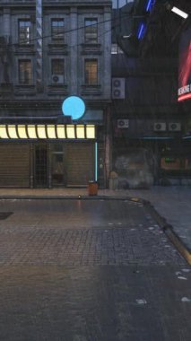 Fütürist bir siber punk şehrinin sokaklarında yağmurlu bir gecenin 3D animasyonu.