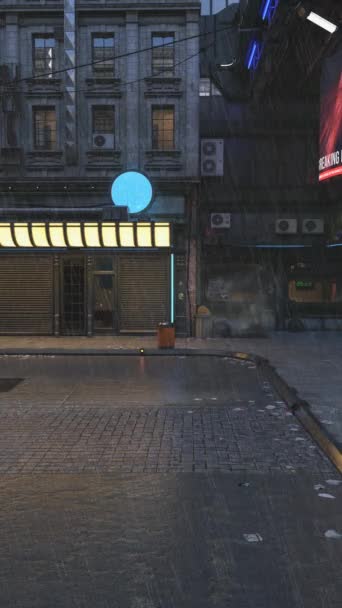 Animacja Deszczowej Nocy Futurystycznej Ulicy Miasta Cyberpunk — Wideo stockowe