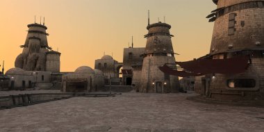 Alacakaranlıkta gökyüzünde turuncu parıltıyla uzaylı yerleşim yeri fantezisi. 3 Boyutlu Panorama.