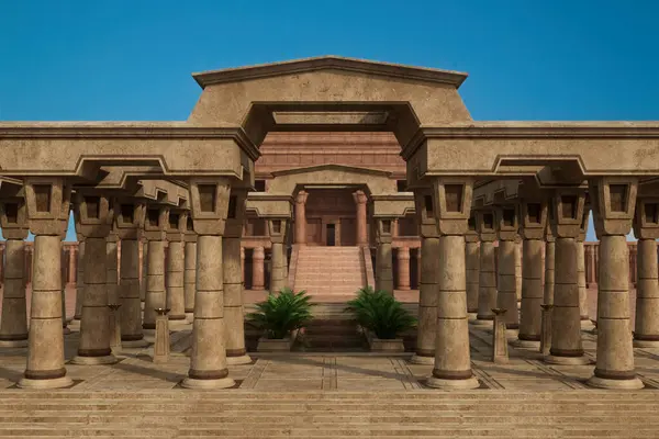 Ancient Egyptian palace buildings with stone columns and ornamental pond.. 3D rendered illustration.
