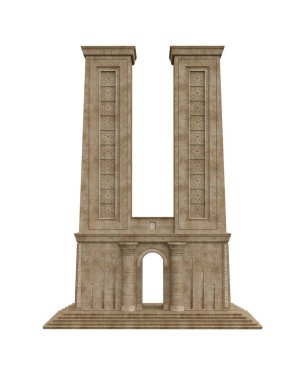 İkiz taş kuleleri olan eski Mısır mimarisi. İzole edilmiş üç boyutlu resimleme.