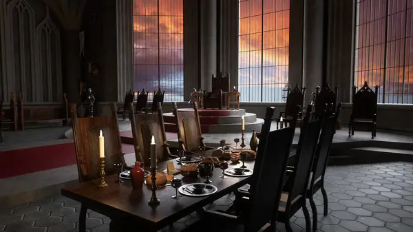 Table Manger Pour Banquet Dans Une Ancienne Salle Trône Royal Photo De Stock