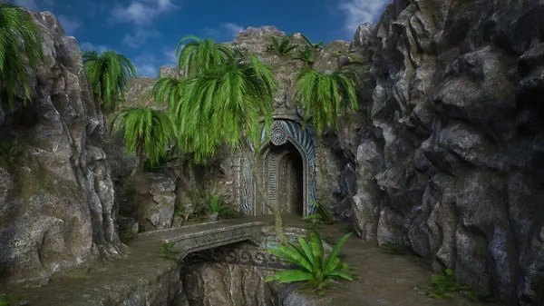 Ponte Pedra Que Leva Uma Antiga Entrada Caverna Fantasia Uma Imagem De Stock