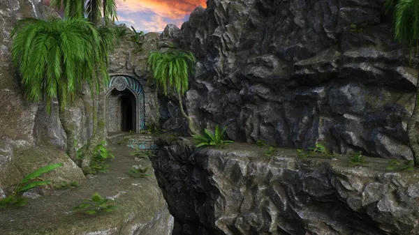 Vchod Fantasy Jeskyně Zabudovaný Úbočí Hory Vykreslení Royalty Free Stock Fotografie