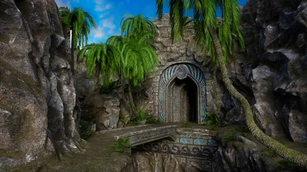 Vstupní Dveře Starodávné Fantasy Jeskyně Nebo Hrobky Zabudované Hory Vykreslená Stock Obrázky