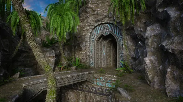 Vstup Starého Fantasy Chrámu Nebo Hrobky Horách Kamenným Mostem Palmami Royalty Free Stock Fotografie
