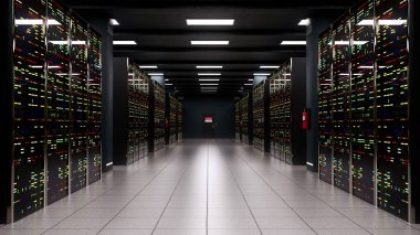 Karanlık bilgi teknolojisi sunucu odasında sıra sıra bilgisayar ekipmanları. 3 Boyutlu resimleme.