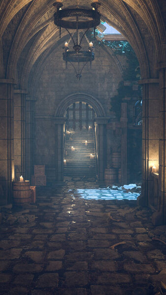 Готический средневековый коридор замка ночью освещается свечами с лунным светом, проходящим через дыру в крыше. Вертикальный 3D-фон.
