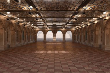 Dekoratif döşemeli ve tavanlı teras altgeçidi. New York Central Park 'ta Bethesda Terrace' ın 3D uyarlaması.