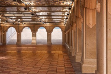 Döşemeleri fayanslarla döşenmiş teras altgeçidi ve güneşli merdivenlere giden kemerler. Bethesda Terrace 'ın 3B canlandırması.