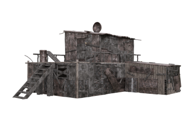 Hurda metal ve ahşaptan yapılmış kıyamet sonrası ıssız gecekondu mahallesi binası. İzole edilmiş üç boyutlu illüstrasyon.