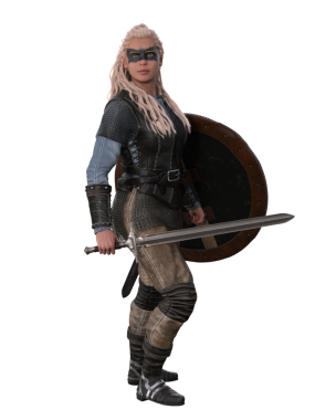 Kılıcı ve kalkanı olan Viking kalkanı savaşçısı kadın. İzole edilmiş üç boyutlu illüstrasyon.