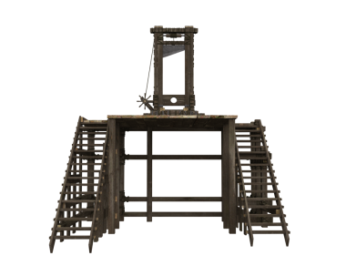 Ortaçağ ahşap platformu ve idam için giyotin. İzole edilmiş üç boyutlu resimleme.