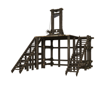 Ortaçağ ahşap platformu ve idam için giyotin. İzole edilmiş 3B görüntüleyici.