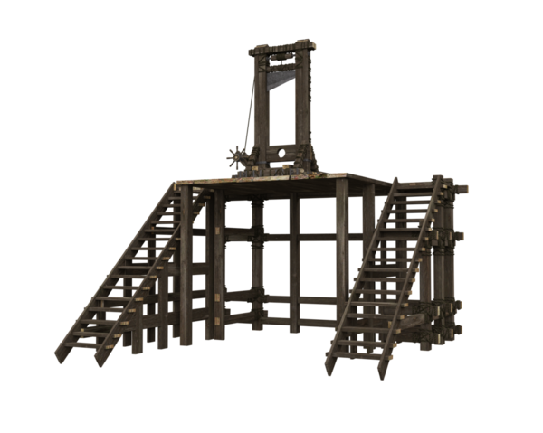 Ortaçağ ahşap platformu ve idam için giyotin. İzole edilmiş 3B görüntüleyici.