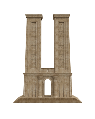 İkiz taş kuleleri olan eski Mısır mimarisi. İzole edilmiş 3B görüntüleyici