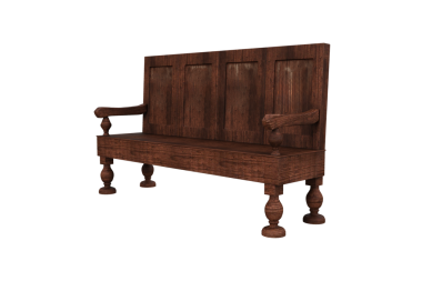 Bakış açısına göre eski tahta ortaçağ bank koltuğu. Beyaz arkaplanda 3B görüntüleme.