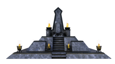 Barbar kraliyet tahtı için gri taştan bir platform. Etrafında alev püskürtücüler var. İzole edilmiş üç boyutlu resimleme.