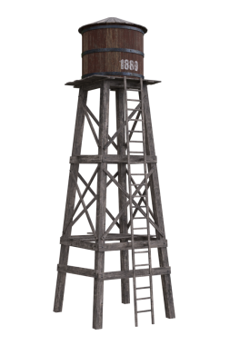 Vahşi batı ahşap su kulesi. 3B resimleme izole edildi.