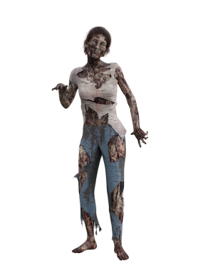 Kanla kaplı yırtık elbiseli zombi kadın kameraya doğru sallanıyor. 3B görüntüleme izole edildi.