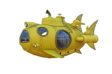 Steampunk konsepti sarı balık şekilli denizaltı. İzole edilmiş üç boyutlu illüstrasyon.