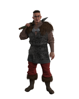 Portrait of Viking warrior man standing with bearded axe resting on his shoulder. Isolated 3D rendering.