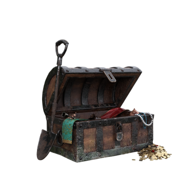 Pirate treasure chest with lid open and coins lying on the ground. 3D rendering isolated.