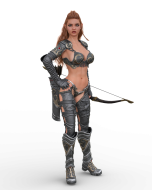 Kızıl saçlı, fantezi elf okçu kadın, eli kalçasında duruyor. İzole edilmiş 3B görüntüleme.