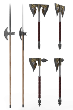 Fantezi ortaçağ balta silahları koleksiyonu. 3B görüntüleme izole edildi.