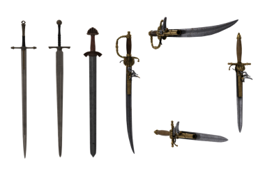 Fantezi kılıç ve korsan silahları seti. 3B resimleme izole edildi.