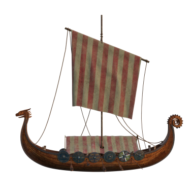 İskele tarafında ejderha kafası oyulmuş Viking ahşap teknesi. İzole edilmiş 3B görüntüleme.