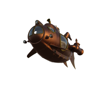 Steampunk tarzı fantezi denizaltı aşağıdan görünüyor. İzole edilmiş üç boyutlu illüstrasyon.