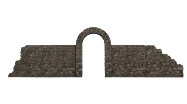 Eski yıkılmış ortaçağ taş duvarı ve kemeri. İzole edilmiş 3B görüntüleme.