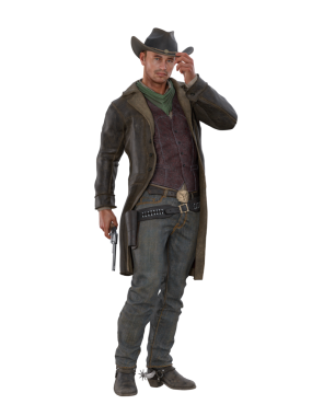 Vahşi batı silah savaşçısı elinde bir tabanca ile eski batı birliğinde duruyor. İzole edilmiş 3B görüntüleme.