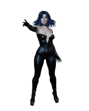 Karanlık bir fantezi büyücüsünün portresi. Mor saçlı, seksi siyah deri kostüm giyen güzel bir kadın. İzole edilmiş 3B görüntüleme.