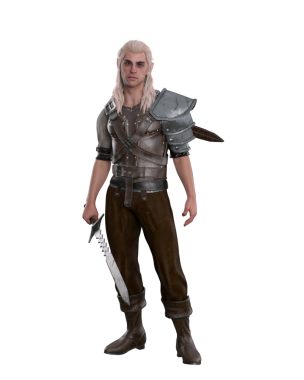 Elinde kılıçla duran bir erkek elf savaşçısının portresi. 3B resimleme izole edildi.